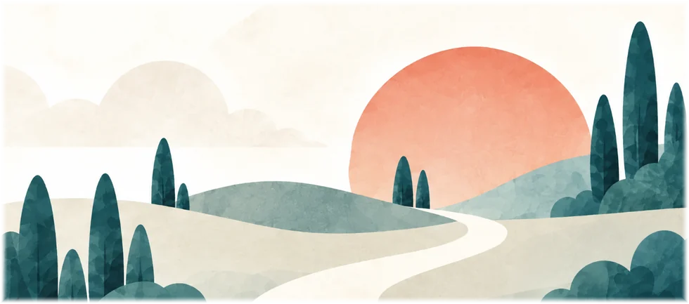 A path winding through hills toward a rising sun