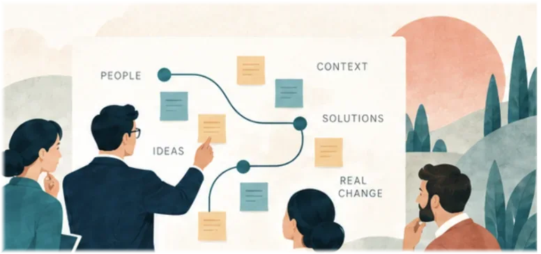 A team mapping people, ideas, context and solutions on a board toward real change