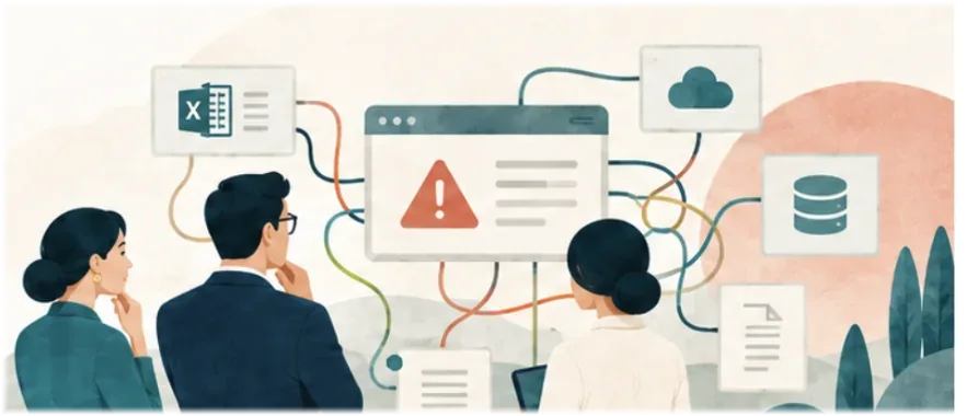 A team looking at a tangle of disconnected systems, spreadsheets and alerts