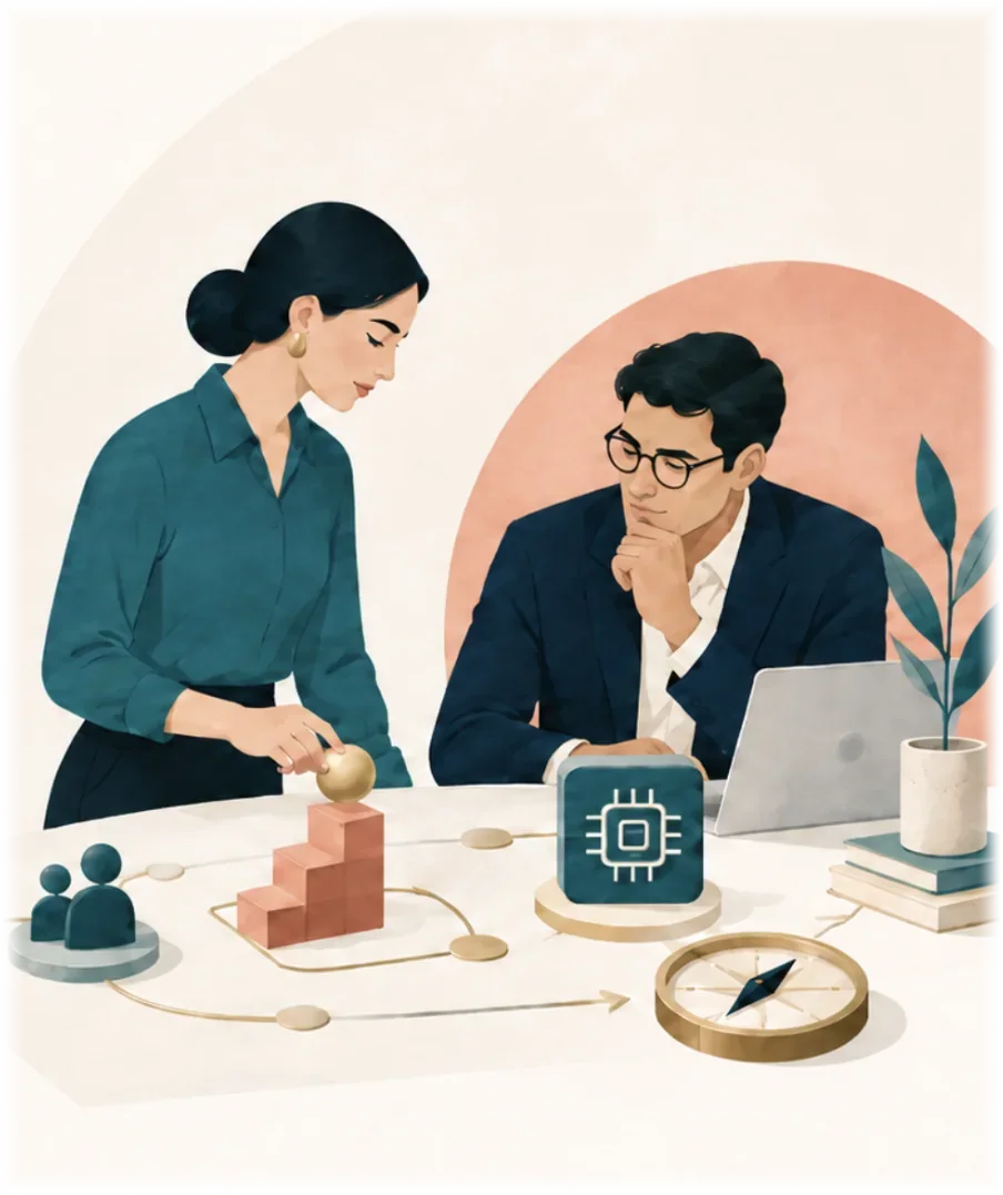 Two colleagues working through a technology decision together at a table