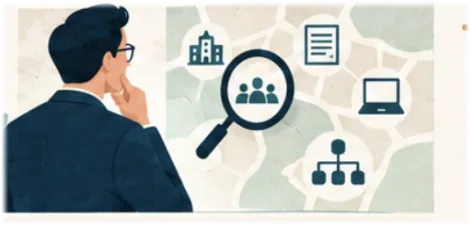 A consultant studying a map of an organisation's people, buildings, documents and systems