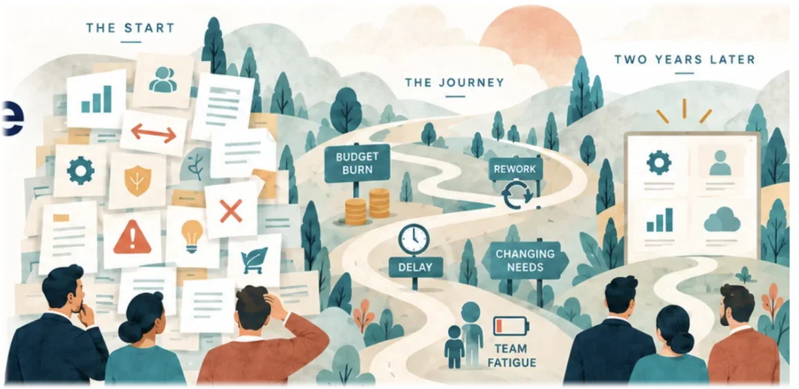 Illustration: a wall of requirements at the start, a winding journey of budget burn, rework and changing needs, and a working product two years later