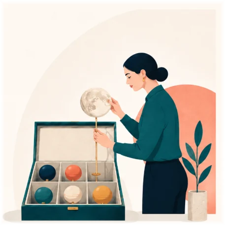 Someone lifting a marbled sphere from a presentation case of options